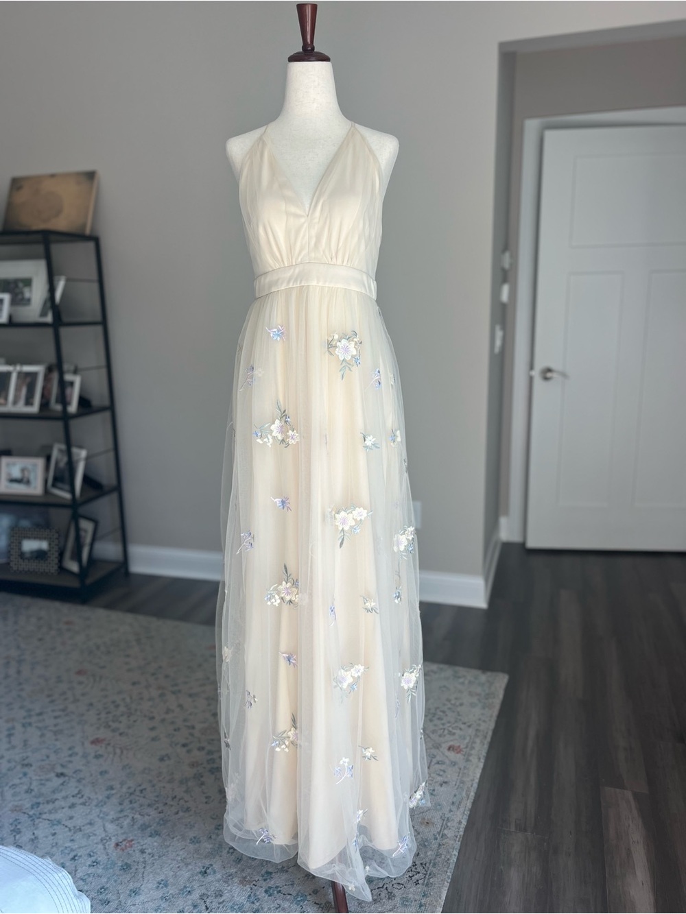 Lulu's Cream Formal Halter Maxi Dress with Floral Appliqués